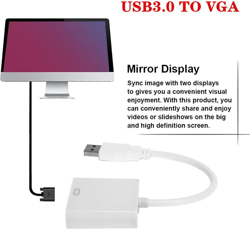 Zopsc USB3.0 to VGA Converter 5Gbps HD 1080P Adapter Cable 15Pin Female, Supports Multi Display Solutions, No External Power Supply, for PC laptops, Desktops, Monitors. (White) - Image 3